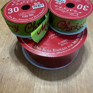 Christmas Ribbon Set Red and Green total 3 rolls
Red 2.5” & Merry Christmas 1.5”